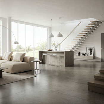 Posadzka z mikrocemenu w salonie ze schodami